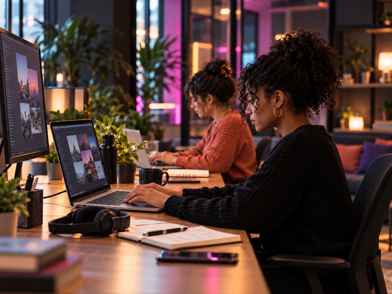 A designer working at a laptop and a large monitor in the studio