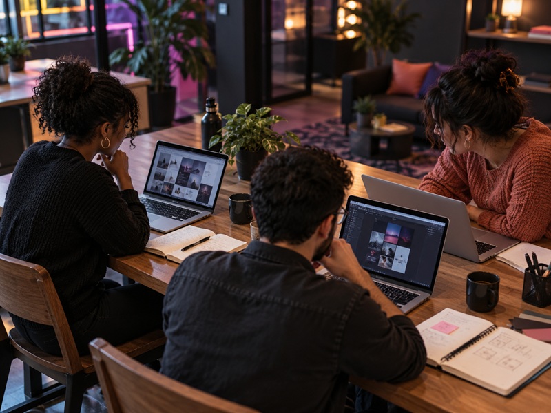 Three people working together at laptops in a warmly lit studio